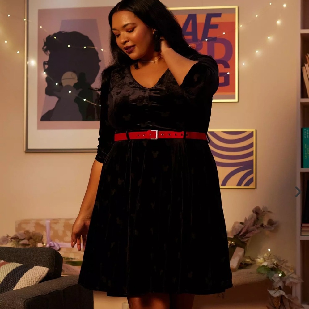 Disney Black Velvet Dress with Red Belt